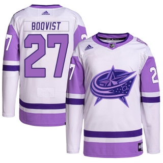 Men's Adam Boqvist Columbus Blue Jackets Adidas Hockey Fights Cancer Primegreen Jersey - Authentic White/Purple