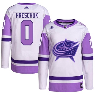 Men's Aidan Hreschuk Columbus Blue Jackets Adidas Hockey Fights Cancer Primegreen Jersey - Authentic White/Purple