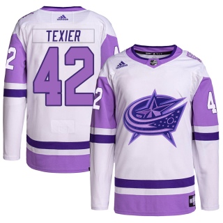 Men's Alexandre Texier Columbus Blue Jackets Adidas Hockey Fights Cancer Primegreen Jersey - Authentic White/Purple