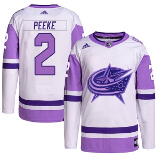 Men's Andrew Peeke Columbus Blue Jackets Adidas Hockey Fights Cancer Primegreen Jersey - Authentic White/Purple