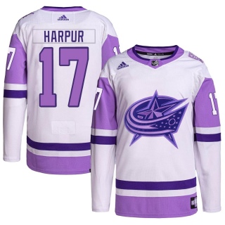 Men's Ben Harpur Columbus Blue Jackets Adidas Hockey Fights Cancer Primegreen Jersey - Authentic White/Purple