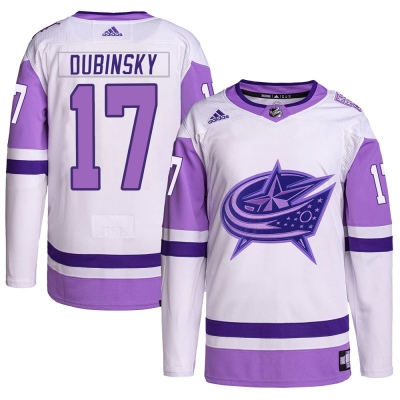 Men's Brandon Dubinsky Columbus Blue Jackets Adidas Hockey Fights Cancer Primegreen Jersey - Authentic White/Purple