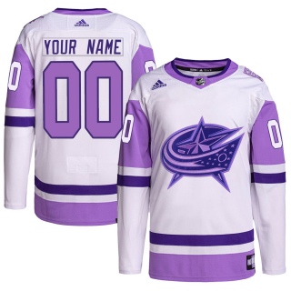 Men's Custom Columbus Blue Jackets Adidas Custom Hockey Fights Cancer Primegreen Jersey - Authentic White/Purple
