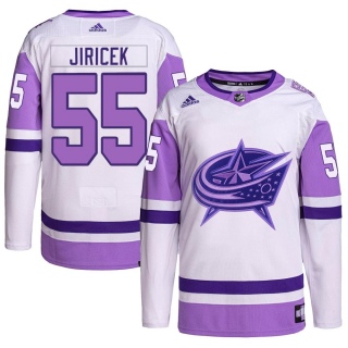 Men's David Jiricek Columbus Blue Jackets Adidas Hockey Fights Cancer Primegreen Jersey - Authentic White/Purple