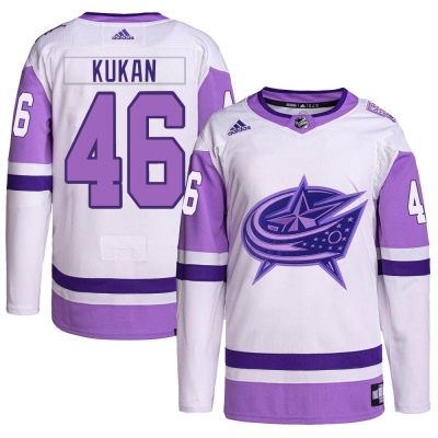 Men's Dean Kukan Columbus Blue Jackets Adidas Hockey Fights Cancer Primegreen Jersey - Authentic White/Purple