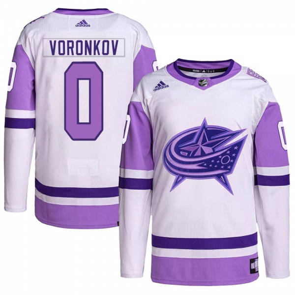 Men's Dmitri Voronkov Columbus Blue Jackets Adidas Hockey Fights Cancer Primegreen Jersey - Authentic White/Purple