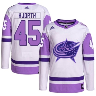 Men's Eric Hjorth Columbus Blue Jackets Adidas Hockey Fights Cancer Primegreen Jersey - Authentic White/Purple
