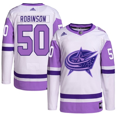 Men's Eric Robinson Columbus Blue Jackets Adidas Hockey Fights Cancer Primegreen Jersey - Authentic White/Purple