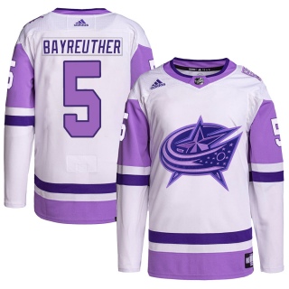 Men's Gavin Bayreuther Columbus Blue Jackets Adidas Hockey Fights Cancer Primegreen Jersey - Authentic White/Purple