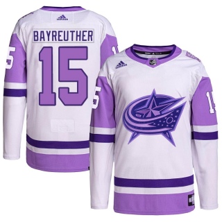 Men's Gavin Bayreuther Columbus Blue Jackets Adidas Hockey Fights Cancer Primegreen Jersey - Authentic White/Purple