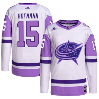 Men's Gregory Hofmann Columbus Blue Jackets Adidas Hockey Fights Cancer Primegreen Jersey - Authentic White/Purple
