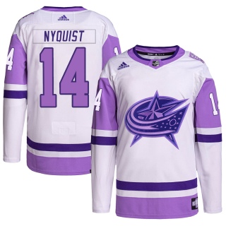 Men's Gustav Nyquist Columbus Blue Jackets Adidas Hockey Fights Cancer Primegreen Jersey - Authentic White/Purple