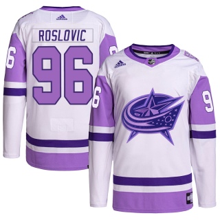 Men's Jack Roslovic Columbus Blue Jackets Adidas Hockey Fights Cancer Primegreen Jersey - Authentic White/Purple
