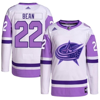 Men's Jake Bean Columbus Blue Jackets Adidas Hockey Fights Cancer Primegreen Jersey - Authentic White/Purple