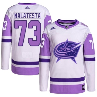 Men's James Malatesta Columbus Blue Jackets Adidas Hockey Fights Cancer Primegreen Jersey - Authentic White/Purple