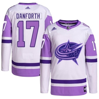 Men's Justin Danforth Columbus Blue Jackets Adidas Hockey Fights Cancer Primegreen Jersey - Authentic White/Purple