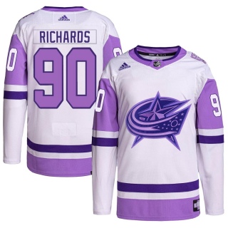 Men's Justin Richards Columbus Blue Jackets Adidas Hockey Fights Cancer Primegreen Jersey - Authentic White/Purple