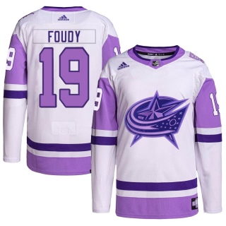 Men's Liam Foudy Columbus Blue Jackets Adidas Hockey Fights Cancer Primegreen Jersey - Authentic White/Purple