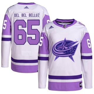 Men's Luca Del Bel Belluz Columbus Blue Jackets Adidas Hockey Fights Cancer Primegreen Jersey - Authentic White/Purple