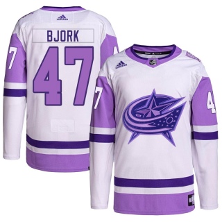 Men's Marcus Bjork Columbus Blue Jackets Adidas Hockey Fights Cancer Primegreen Jersey - Authentic White/Purple