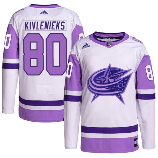 Men's Matiss Kivlenieks Columbus Blue Jackets Adidas Hockey Fights Cancer Primegreen Jersey - Authentic White/Purple
