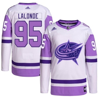 Men's Nolan LaLonde Columbus Blue Jackets Adidas Hockey Fights Cancer Primegreen Jersey - Authentic White/Purple