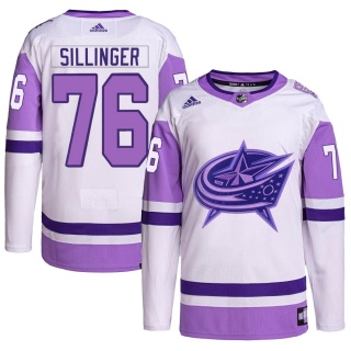 Men's Owen Sillinger Columbus Blue Jackets Adidas Hockey Fights Cancer Primegreen Jersey - Authentic White/Purple