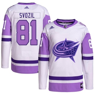 Men's Stanislav Svozil Columbus Blue Jackets Adidas Hockey Fights Cancer Primegreen Jersey - Authentic White/Purple