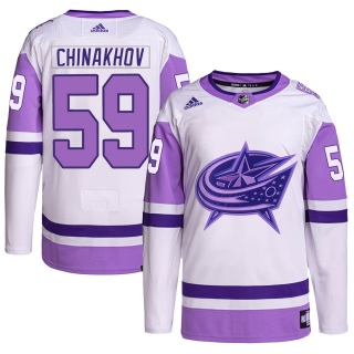 Men's Yegor Chinakhov Columbus Blue Jackets Adidas Hockey Fights Cancer Primegreen Jersey - Authentic White/Purple