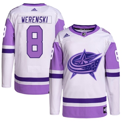Men's Zach Werenski Columbus Blue Jackets Adidas Hockey Fights Cancer Primegreen Jersey - Authentic White/Purple