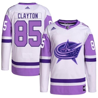 Youth Cole Clayton Columbus Blue Jackets Adidas Hockey Fights Cancer Primegreen Jersey - Authentic White/Purple