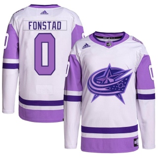 Youth Cole Fonstad Columbus Blue Jackets Adidas Hockey Fights Cancer Primegreen Jersey - Authentic White/Purple