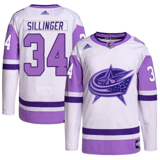 Youth Cole Sillinger Columbus Blue Jackets Adidas Hockey Fights Cancer Primegreen Jersey - Authentic White/Purple