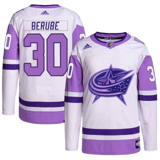 Youth Jean-Francois Berube Columbus Blue Jackets Adidas Hockey Fights Cancer Primegreen Jersey - Authentic White/Purple