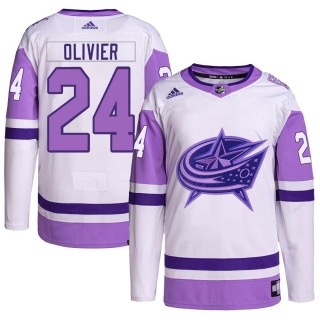 Youth Mathieu Olivier Columbus Blue Jackets Adidas Hockey Fights Cancer Primegreen Jersey - Authentic White/Purple